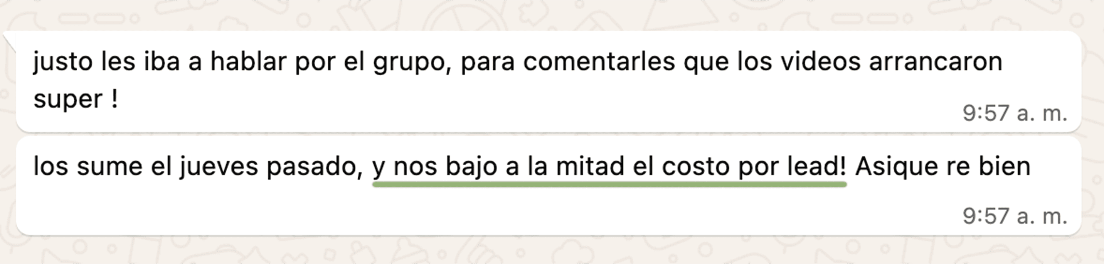 Reseña de WhatsApp enviada por el cliente de Terres.